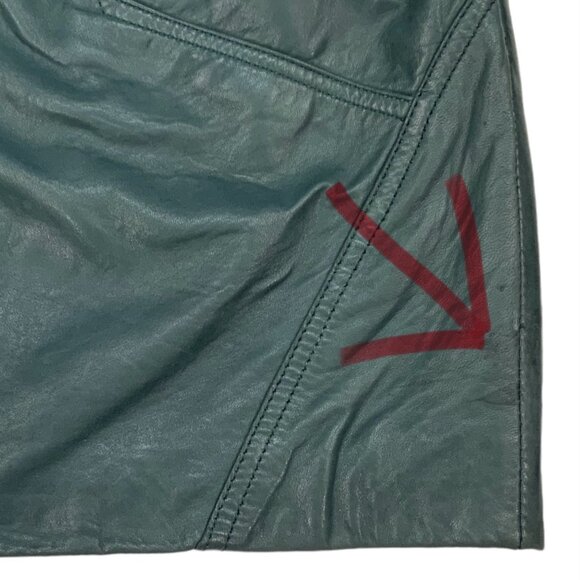 Glen Wood Vintage Soft Leather Skirt 8 Green Mini Angled Front Zip Pocket Retro - Picture 9 of 12